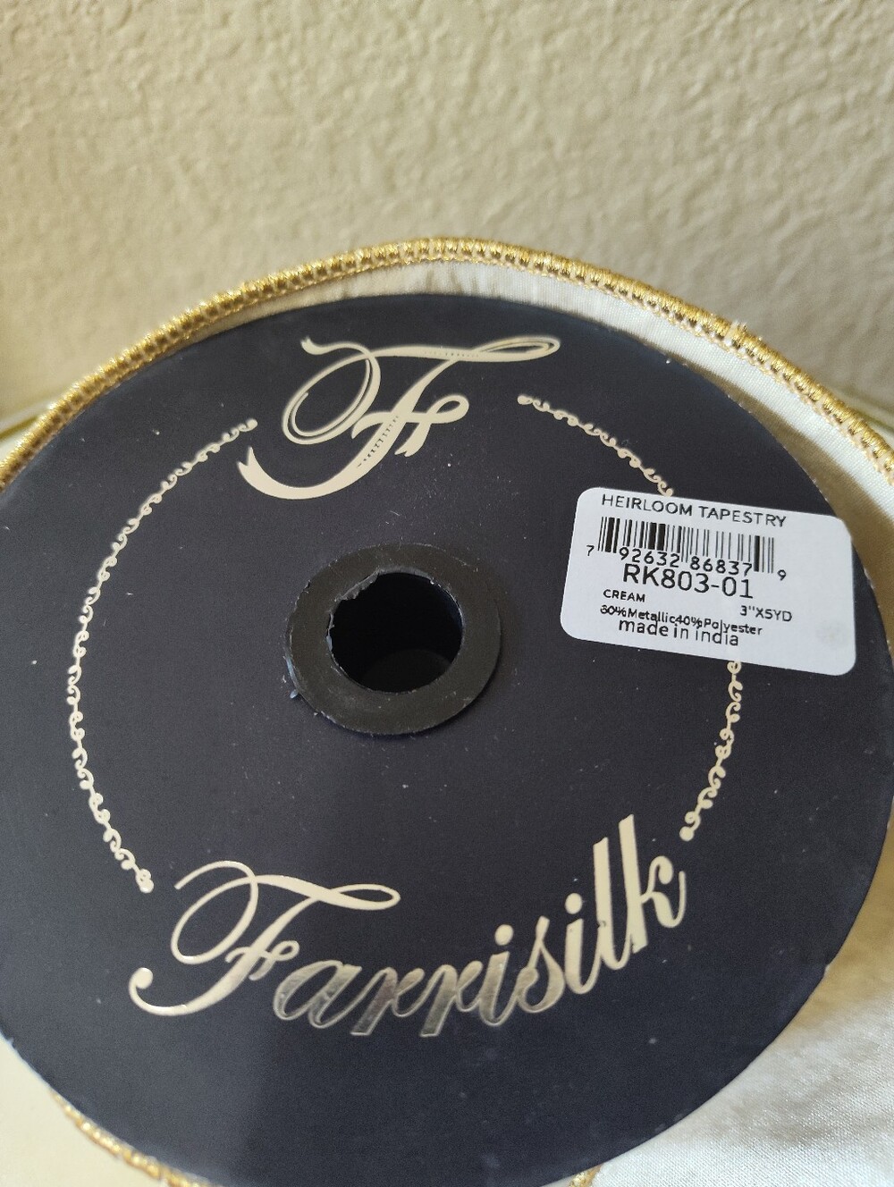 FARRISILK Heirloom WiredTapestry Rhinestone Wired Ribbon 3" x 5 Yards Cream Gold - Picture 4 of 8